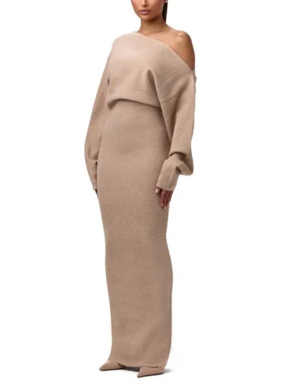 Naked Wardrobe Off Shoulder Sweater Maxi Dress Taupe Stretch Knit Size L NWT